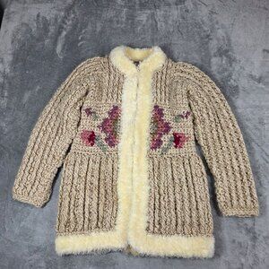 Vintage Cardigan Womens Small Beige Chunky Floral Crochet Boho Hippie 70s 80s